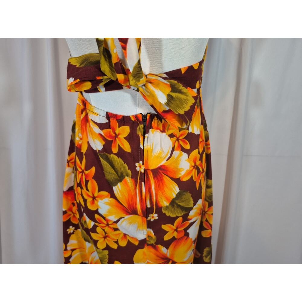 Vintage Hawaiian Cotton Orange Retro Green Floral Halter Maxi Dress US 8 10 - Picture 9 of 12
